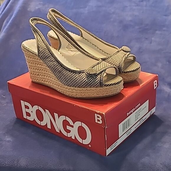 Bongo sz 8.5 dreamer 1 blk/WHT gingham fabric upper wedge open toe sa dle/shoe - Picture 1 of 9
